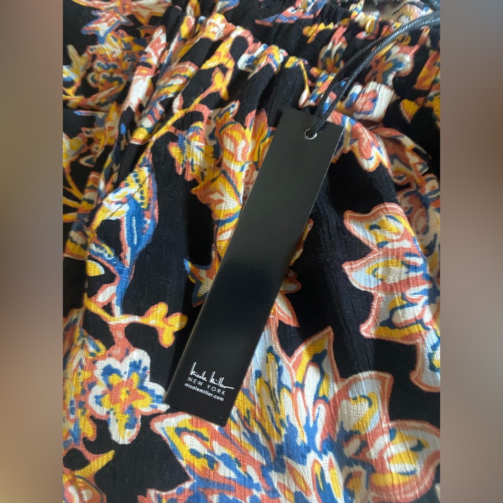 NWT Nicole Miller Pants Womens S Black Multi Floral Wide Leg Elastic Waist - Picture 5 of 9